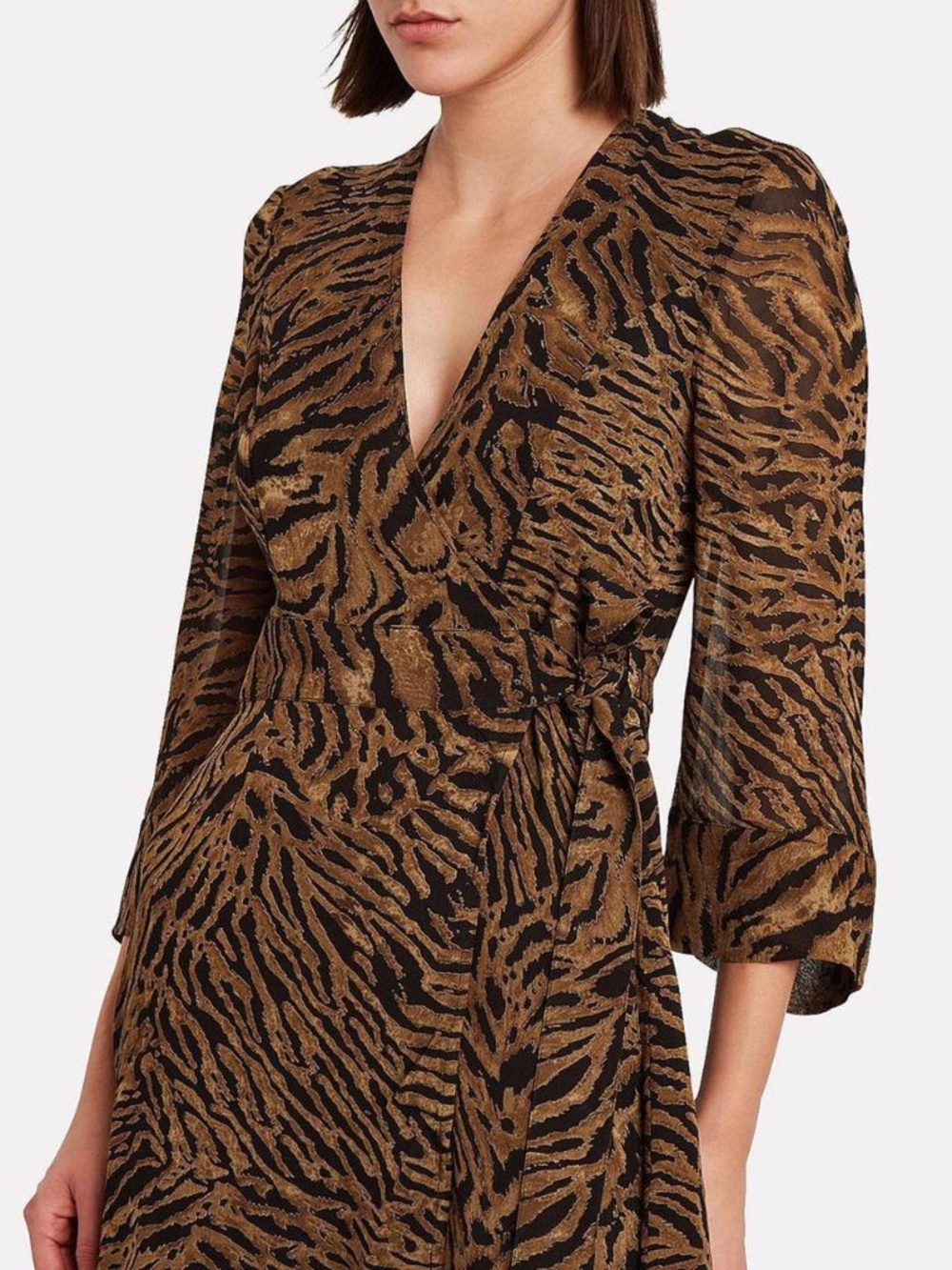 NWT Ganni Brown and Black Tiger-Print Mini Wrap Dress